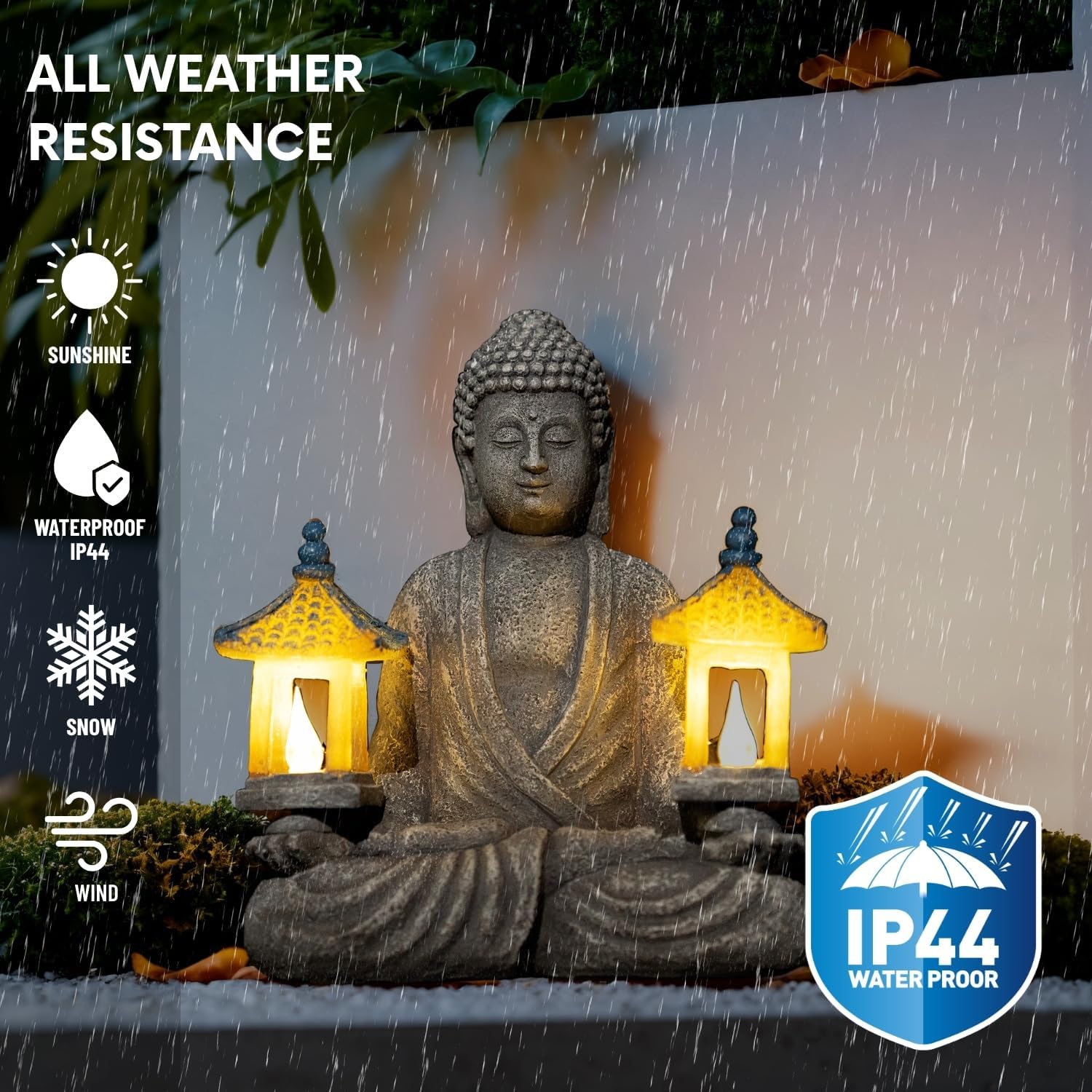Meditating Buddha Statue with Solar Lights, Zen Garden Decor for Home, Patio, Yard, Outdoor – Unique Gift for Women and Friends(Two Pavilions)-VerdiqueGarden