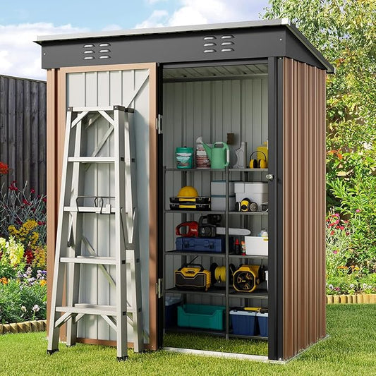 Gizoon 5' x 3' Outdoor Storage Shed with Singe Lockable Door,Galvanized Metal Shed with Air Vent Suitable for The Garden,Tiny House Storage Sheds Outdoor for Backyard Patio Lawn-Brown-VerdiqueGarden