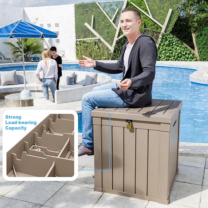 50 Gallon Resin Deck Box, Lockable Outdoor Storage Box for Patio Cushions Storage Furniture,Garden Tools, Pool Supplies, Weatherproof and UV Resistant (Grey)-VerdiqueGarden