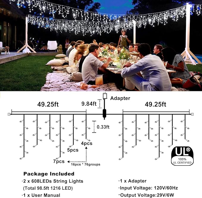 Icicle Christmas Lights, 98FT 1216 LED Icicle Lights for Outside with 228 Drops, 8 Modes Waterproof Twinkle String Lights for House Bedroom Wedding Holiday Decorations, White-VerdiqueGarden