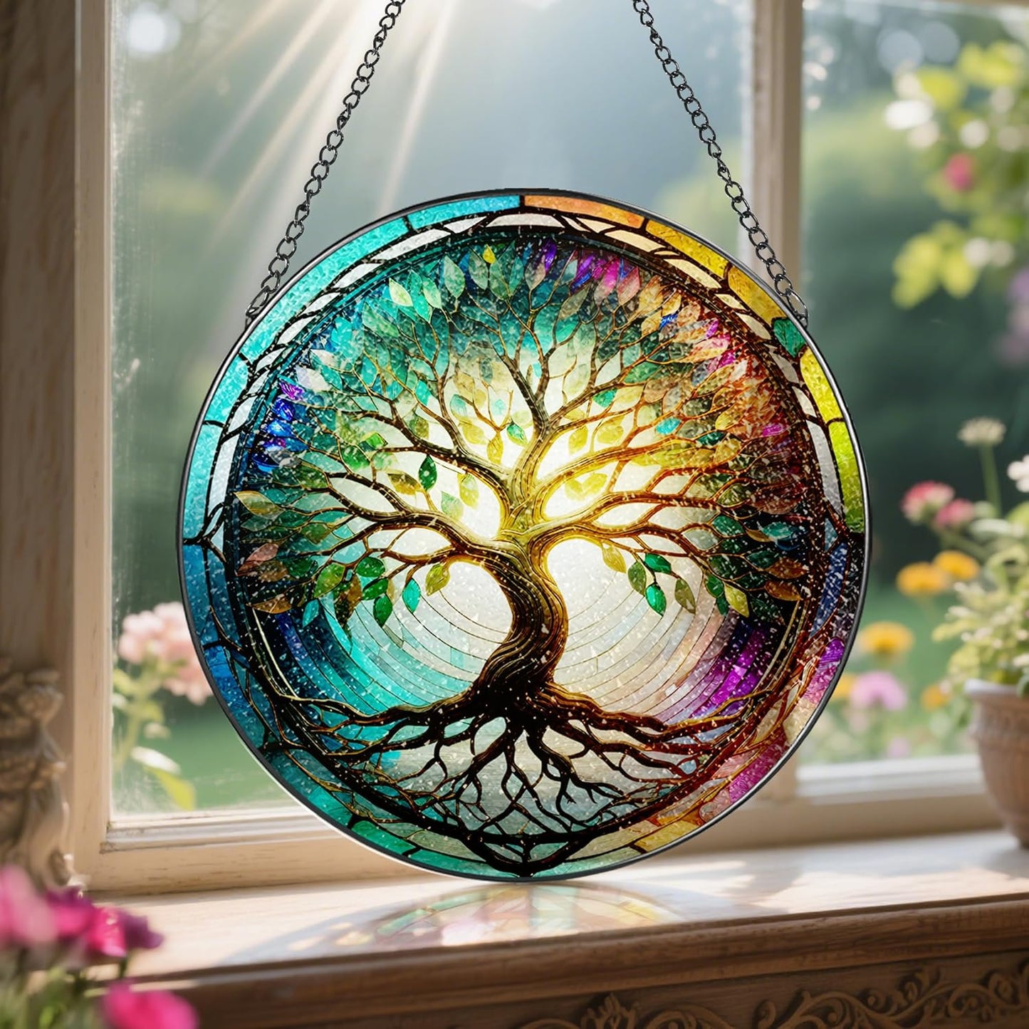 Stained Glass Window Hanging, LAOWEIKI 8'' Tree of Life Suncatcher, Stained Glass Ornament, Suncatchers for Windows Hanging, Window Decor, Outdoor or Indoor, Gifts for Mom, Grandma, Wife, Family-VerdiqueGarden