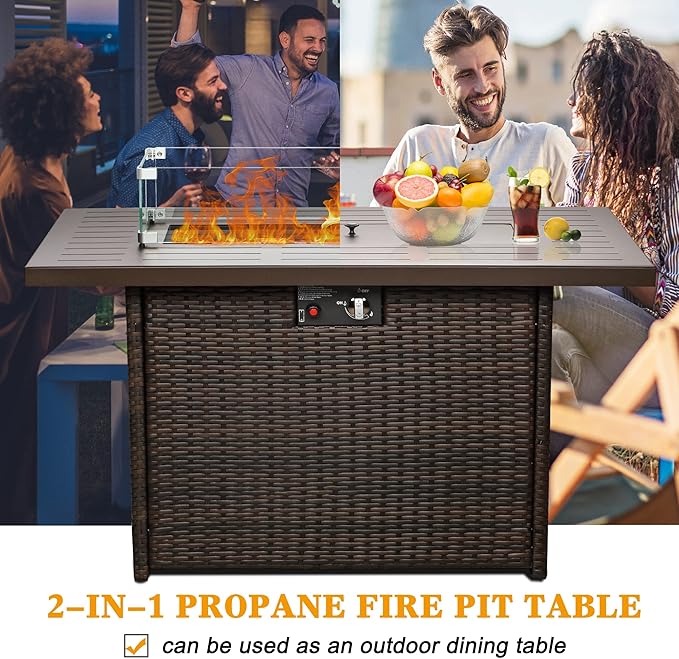 LayinSun 44" Propane Gas Fire Pit Table, 55000 BTU Rectangular Fire Pit with Glass Wind Guard for Outside Patio Deck Garden Backyard Brown-Aluminum Top-VerdiqueGarden