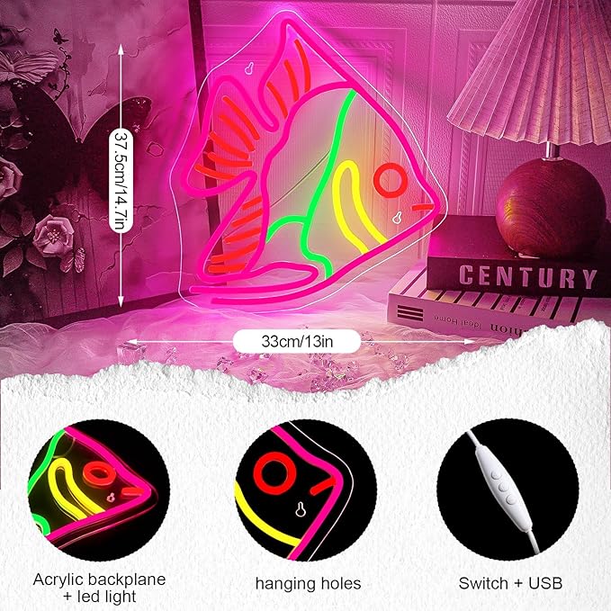 Fish Neon Sign Colorful Fat Headed Fish Neon Light Dimmable LED Neon Light for Wall Decor USB Powered Animal Light Up Sign for Bedroom Ocean Museum Boys And Girls Gifts-VerdiqueGarden