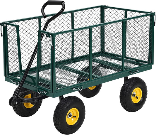 Heavy Duty Steel Garden Cart, 1100LBS Pullable Metal Garden Wagon with 10" Wheels, 180° Rotating Handle and Removable Sides for Outdoor, Farm, Yard, Beach ﻿-VerdiqueGarden