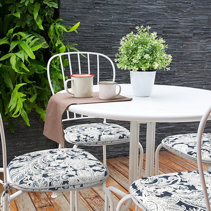 Indoor/Outdoor Chair Cushions 16x17 Inch, Patio Chair Cushions with Ties, All Weather Seat Cushions for Patio Furniture Home Garden Chair Use, Set of 2,Damask Lapis-VerdiqueGarden