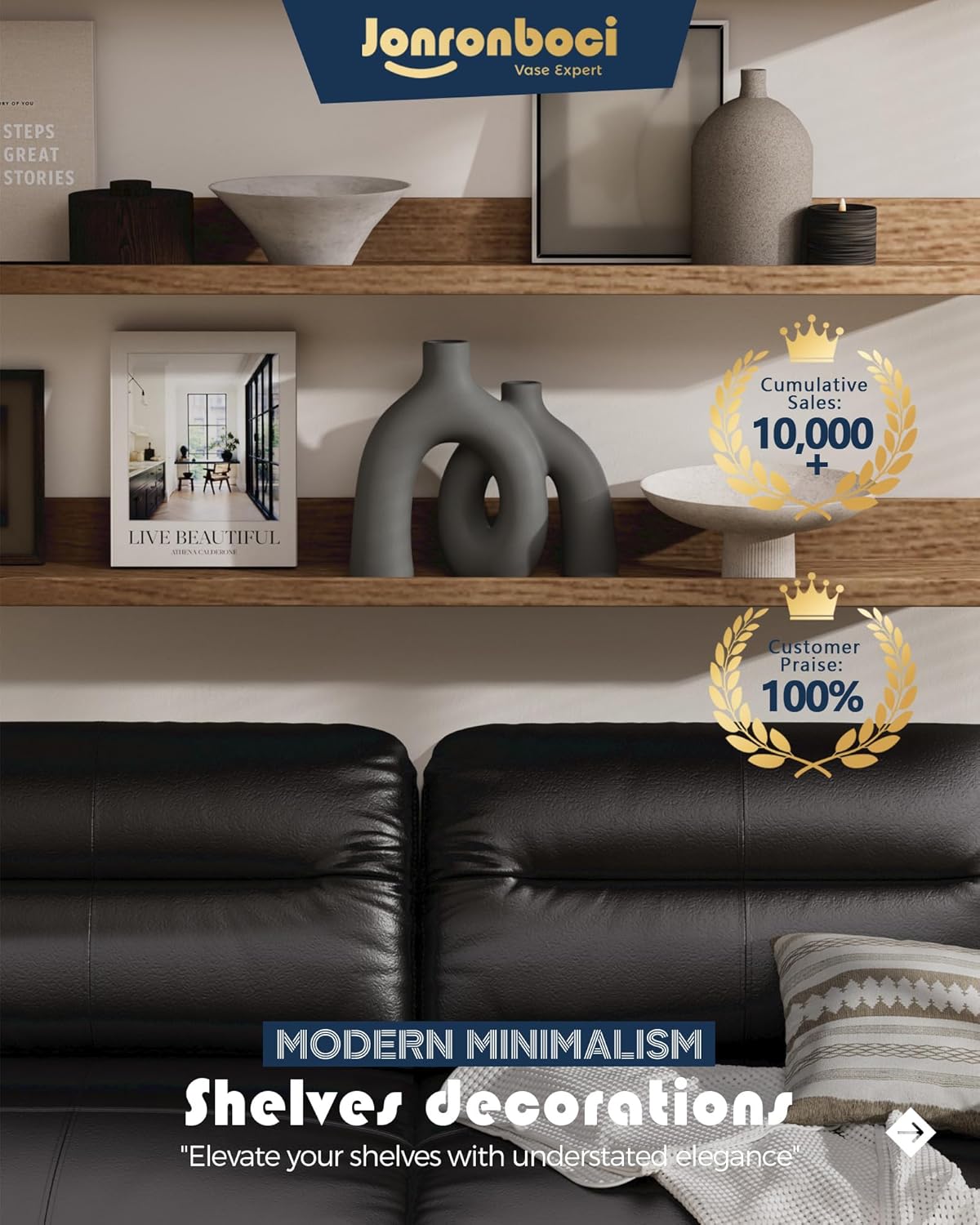 Hug Donut Decorative Vase Set - Dark Gray Modern Minimalism Industrial Style Vases Home Decor, Matte Ceramic Decorations for Living Room Shelf, Bookshelf Mantle Entryway Table or Console Décor(Gray)-VerdiqueGarden