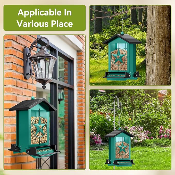Squirrel Proof Bird Feeder for Outdoors Hanging, Metal Wild Bird Seed Feeder with Bilateral Weight-Activated Perches, 5LB Large Capacity Wild Bird Feeders for Outside Finch, Cardinal, Blue Jay-VerdiqueGarden
