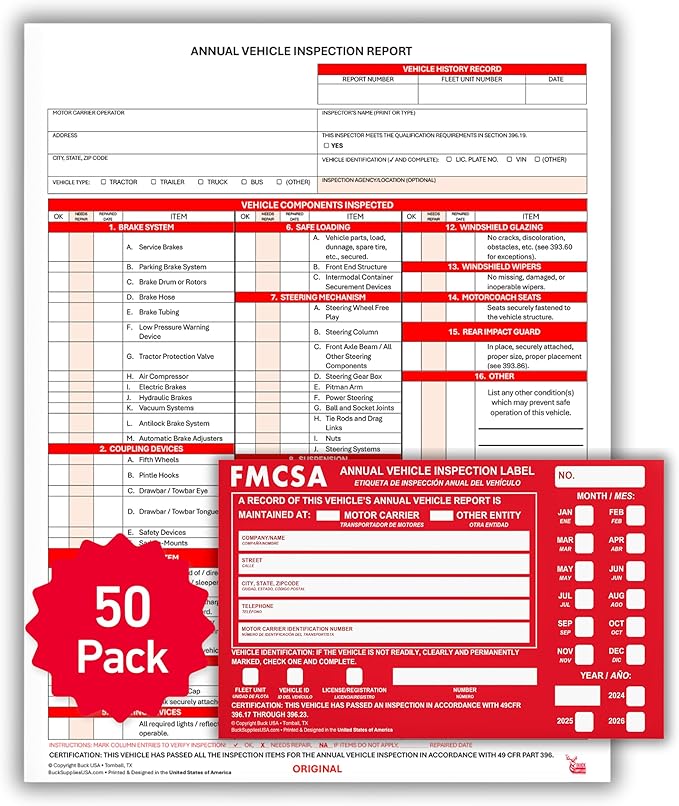 50 Pack 3-Ply Carbonless Annual Vehicle Inspection Report Forms with FMCSA Red Aluminum Adhesive Labels, DOT Inspection Forms and Stickers, Shrink-Wrapped, 8.5" x 11.75" - Made in USA-VerdiqueGarden