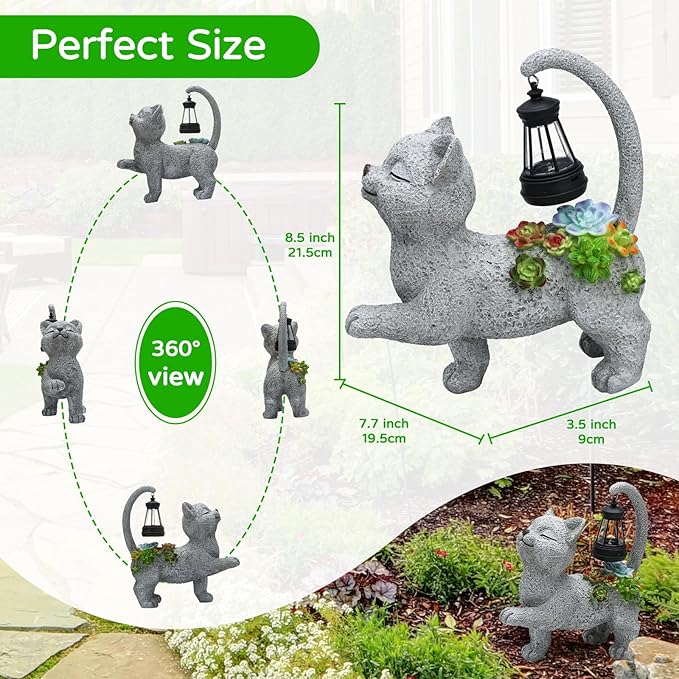 Solar Garden Outdoor Statues Cat with Succulent Solar Lantern, Lawn Decor Kitten Figurine for Patio Balcony Yard, Yard Unique Christmas Birthdays Gift for Mom Grandma-VerdiqueGarden