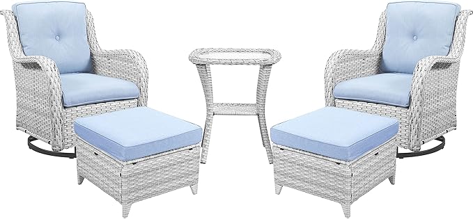 Outdoor Swivel Rocker Furniture 5 Pieces Patio Wicker Furniture Sets, Rattan Patio Swivel Glider Chairs with 2 Ottoman and Glass Side Table-VerdiqueGarden