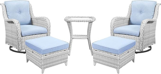 Outdoor Swivel Rocker Furniture 5 Pieces Patio Wicker Furniture Sets, Rattan Patio Swivel Glider Chairs with 2 Ottoman and Glass Side Table-VerdiqueGarden