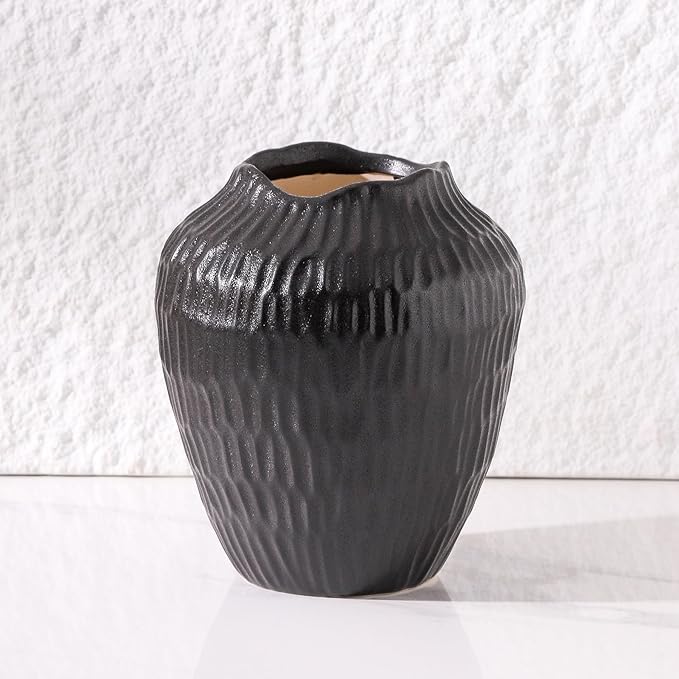 7.8 Inch Black Ceramic Vase - Modern Minimalist Round Vase for Centerpiece, Farmhouse, Living Room-Handcrafted Decorative Design for Dried Flowers, Plants, Home Decor, Rustic & Vintage Styles-VerdiqueGarden