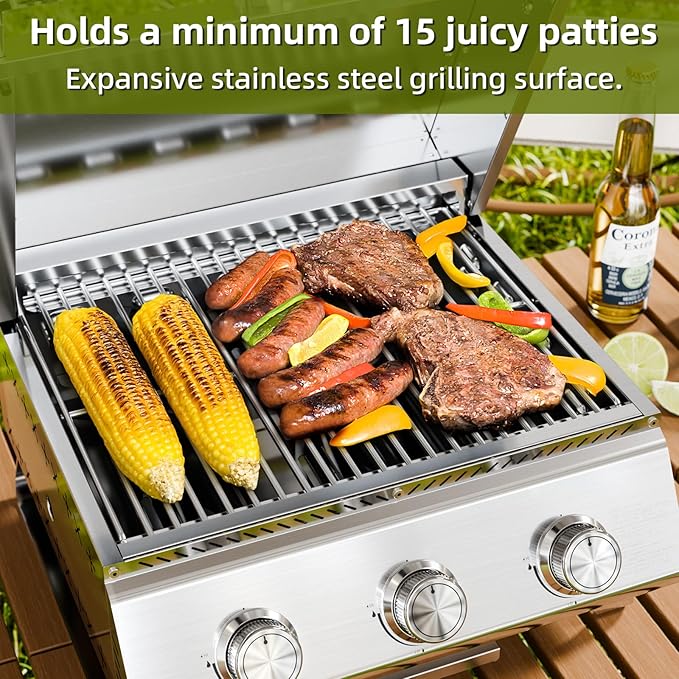 3-Burner 24,000 BTU Portable Flat Top Propane Gas Grill, Heavy-Duty Stainless Steel 2-in-1 Tabletop Grill and Griddle Combo for Commercial BBQ, Outdoor Cooking, Camping,Tailgates & Backyard-VerdiqueGarden