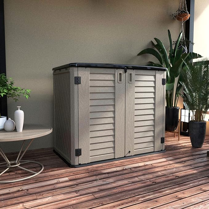 Horizontal Resin Storage Shed, 34 Horizontal Cu.ft Outdoor Storage Cabinet Waterproof for Garden/Backyard/Home/Pool, Lockable(34 Cu.ft-Brown)-VerdiqueGarden