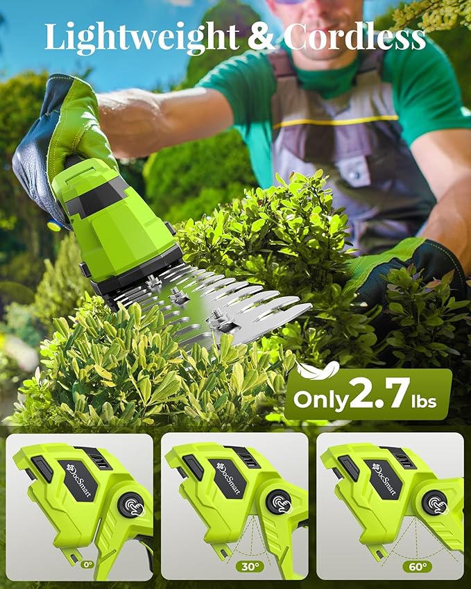 Hedge Trimmer Cordless with Battery, 2-in-1 Electric Handheld Grass Shear Cutter with 2 Pack Rechargeable Battery, Mini Bush Trimmer Kit for Garden Yard Lawn Pruning, Green-VerdiqueGarden