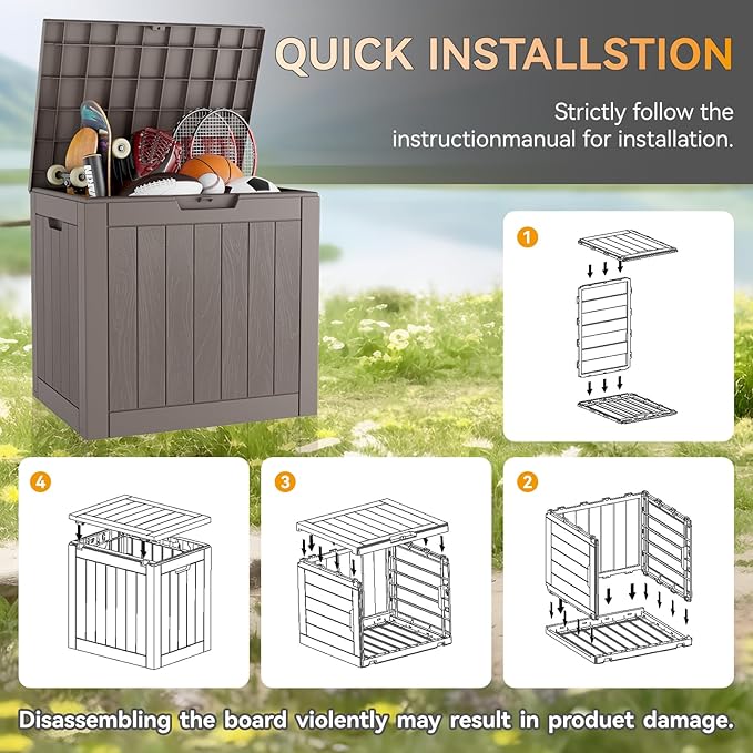 KAMABOKO Deck Box, 32 Gallon Resin Indoor and Outdoor Storage Boxes Waterproof for Garden Tools, Pool Accessories Storage Bench, Patio Furniture and Cushions with Lockable Lid, Grey-VerdiqueGarden