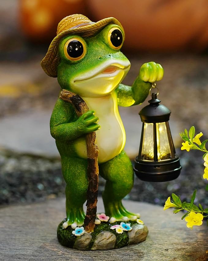 Solar Frog Garden Decor with Lantern Outdoor Statue for Patio Pathway Frog Figurine for Yard Decoration Lawn Ornament Gardening Gifts for Women Mom Grandma-VerdiqueGarden