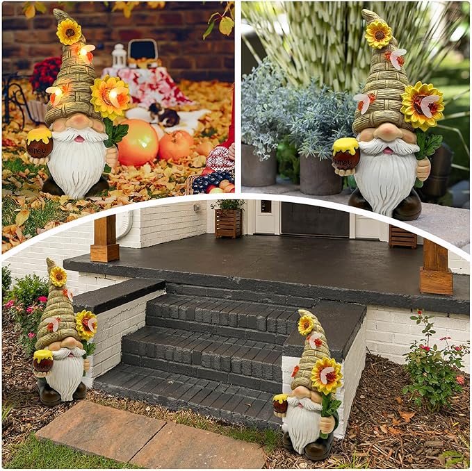 Uniboho Garden Gnome Statue Outdoor Garden Decor Large Resin Sunflower Gnome Holding Honey Jar with Solar Bee Lights for Garden Yard Decorations Patio Lawn Outside Porch Lawn Decor Gnomes Gifts 12"-VerdiqueGarden