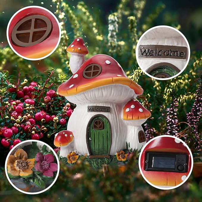 Mushroom House Garden Statue Outdoor, Solar Light Mushroom House Garden Figurines for Lawn, Balcony, Yard Decoration, Outdoor Garden Decoration-VerdiqueGarden