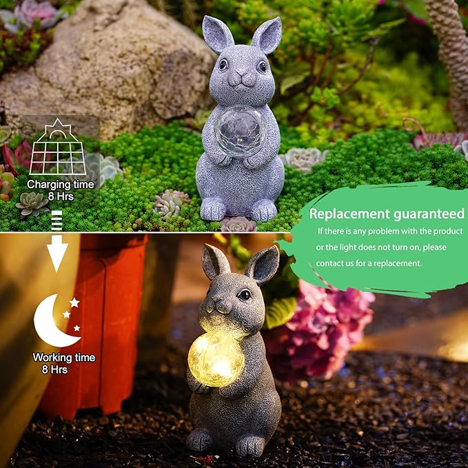 Solar Garden Outdoor Statues Bunny with Gazing Ball - Outdoor Decor Garden Rabbit Statue for Patio, Balcony, Yard, Lawn Ornament - Unique Housewarming Gifts-VerdiqueGarden