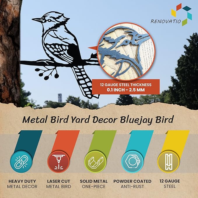 Renovatio Metal Bird Decor – Rustic Bluejay Decoration, Metal Garden Sculpture, Outdoor Tree Ornaments – A Unique Outdoor Yard Decor – Bluejay (Black)-VerdiqueGarden