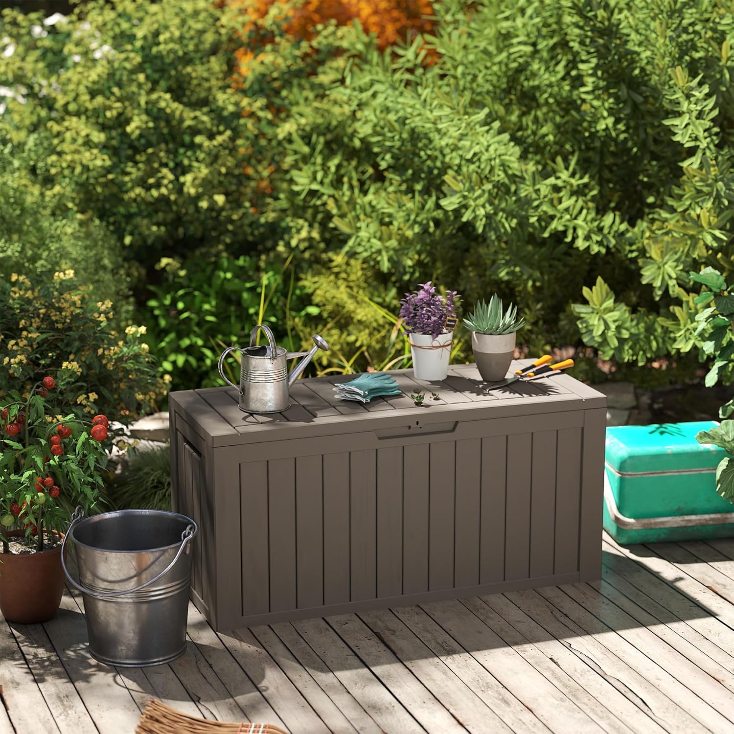 75 Gallon Double-Wall Resin Deck Box - Lockable Waterproof Outdoor Storage Box, 515lbs Capacity & Doubles as Seating for Patio Furniture - Garden Tools, Pool Accessories (Brown)-VerdiqueGarden