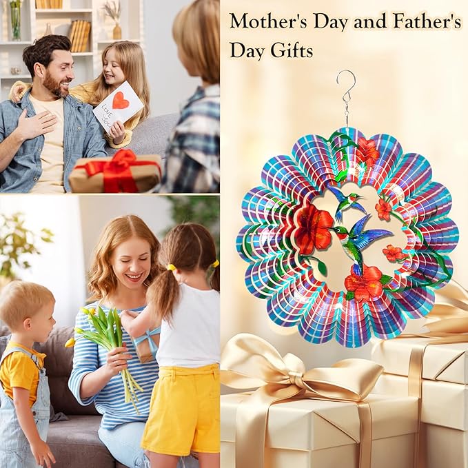 Hummingbird Wind Spinner - Hummingbird Gift for Women Men, Metal Wind Spinners for Outdoor & Indoor Decoration 12in 3D Hanging Bird Wind Catcher Unique Garden Decor Kinetic Yard Art Ornament-VerdiqueGarden