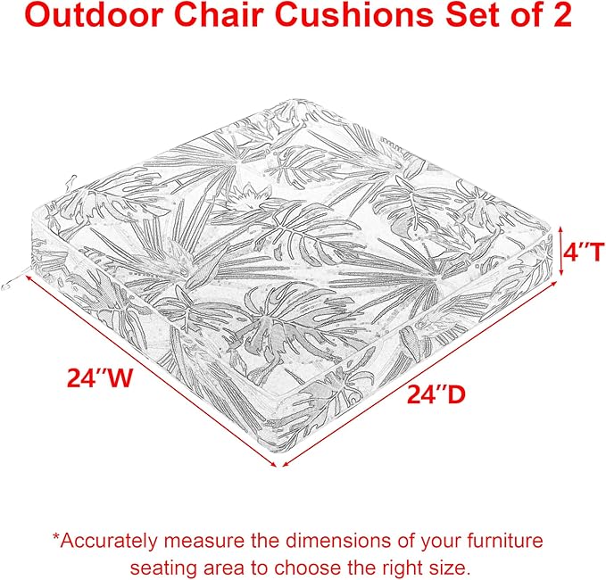 Favoyard Outdoor Chair Cushion 24 x 24 x 4 In Waterproof Pattern Fade Resistant Cushions for Patio Furniture with Removable Cover Attach Straps 28D Foam Insert Cushions Pads for Seat Sofa Couch 2 Pack-VerdiqueGarden