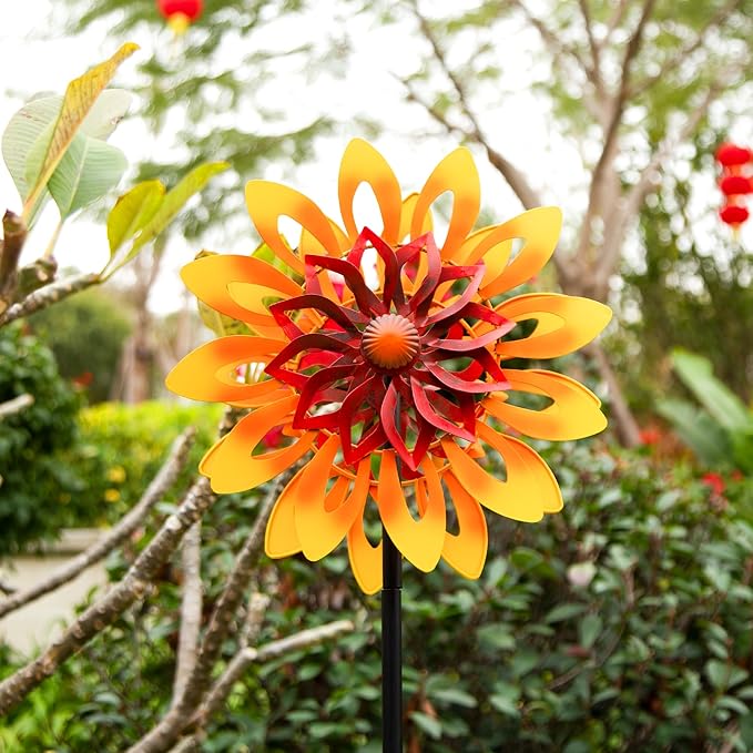 Sunflower Wind Spinners, 360 Degrees Swivel Metal Wind Sculptures, 62" Garden Pinwheels for Yard Lawn Patio Decor-VerdiqueGarden