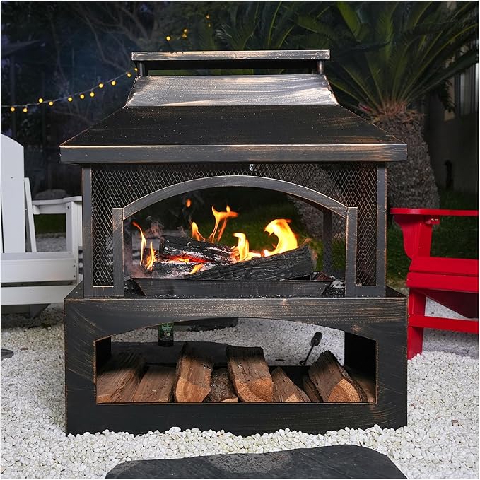 Red Mountain Valley 37in Outdoor Wood Burning Fireplace, Large Outdoor Fire Pit with Log Grate and Poker, Chimney Outside Fireplace with Firewood Racks Storage for Patio, Garden and Backyard-VerdiqueGarden