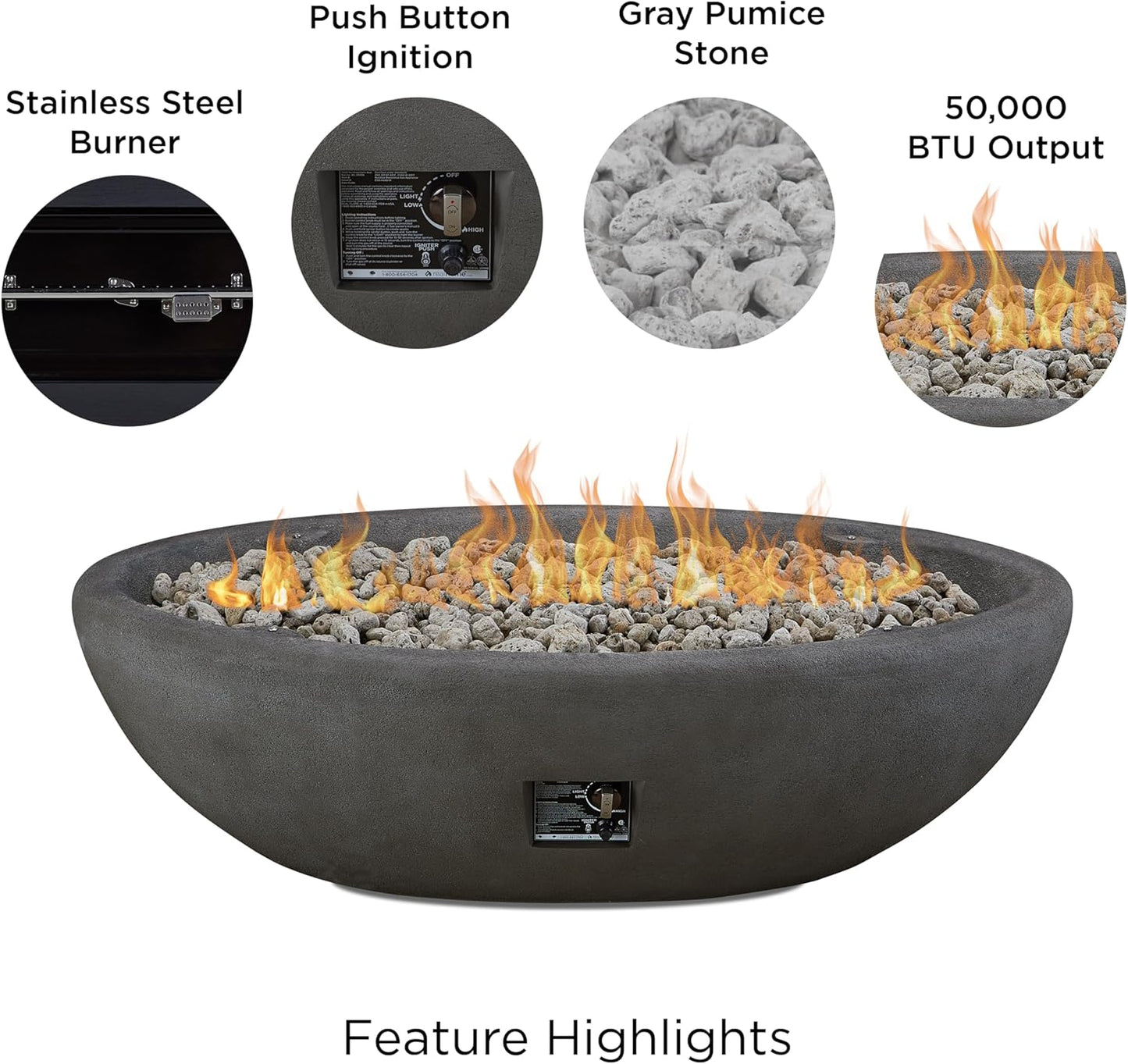 Real Flame Riverside 58" Oval Propane Fire Pit Bowl, Push-Button Ignition, Includes 28" Stainless Steel Burner, Lightweight 50,000 BTUs of Heat - Adjustable Flame Height-VerdiqueGarden