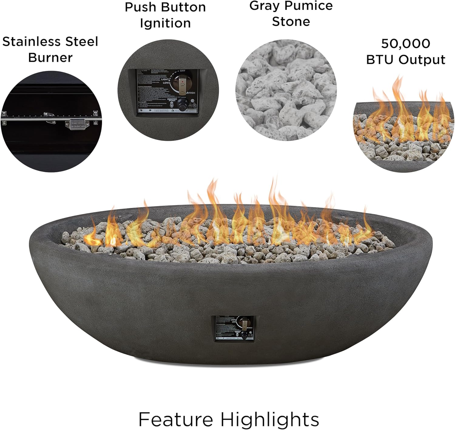 Real Flame Riverside 58" Oval Propane Fire Pit Bowl, Push-Button Ignition, Includes 28" Stainless Steel Burner, Lightweight 50,000 BTUs of Heat - Adjustable Flame Height-VerdiqueGarden