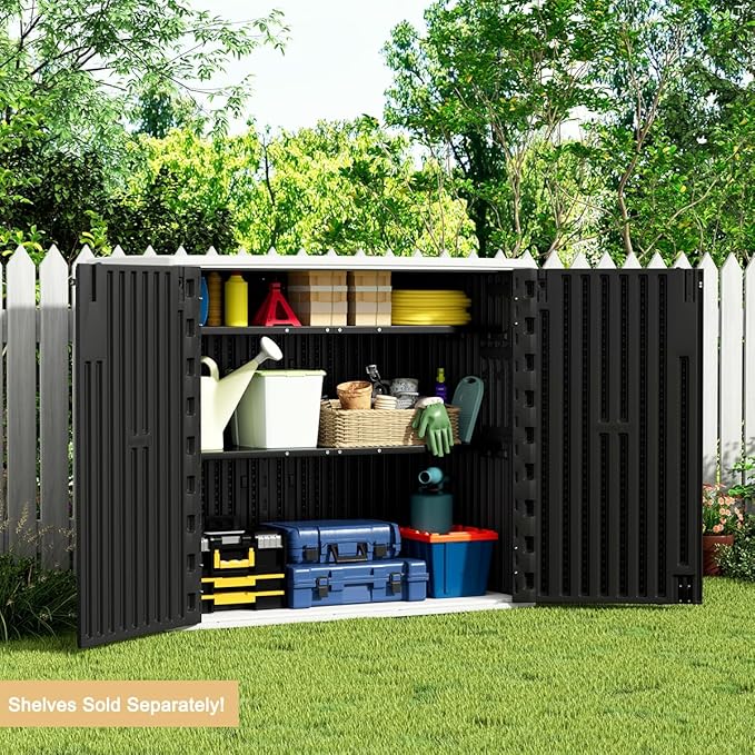 KINYING Outdoor Horizontal Storage Sheds,37 Cu.ft Outdoor Storage Cabinet Waterproof Resin Tool Storage Box for Lawn Mower,Garden Tools and Patio Furniture, Lockable (Black)-VerdiqueGarden