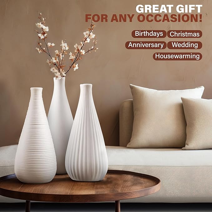White Vases Home Decor Modern Ceramic Decorative Vases for Home Decor, Flower Vases & Centerpiece, Minimalist Design Set of 3-VerdiqueGarden