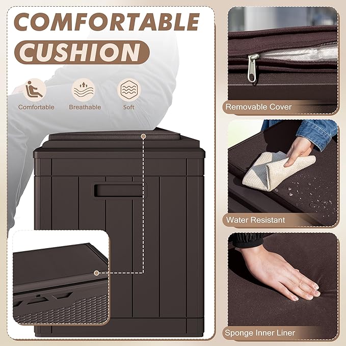 Devoko 100 Gallon Deck Box, Waterproof Resin Outdoor Storage Box with Cushion for Outside and Patio, Large Outdoor Storage Bench Cabinet Lockable for Patio Furniture and Garden Tools (Deep Brown)-VerdiqueGarden