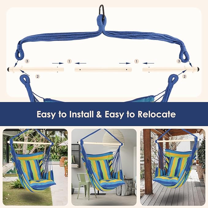 Highwild Hammock Chair Hanging Rope Swing - Max 500 Lbs - 2 Cushions Included - Steel Spreader Bar with Anti-Slip Rings - for Any Indoor or Outdoor Spaces (Blue Striped)-VerdiqueGarden