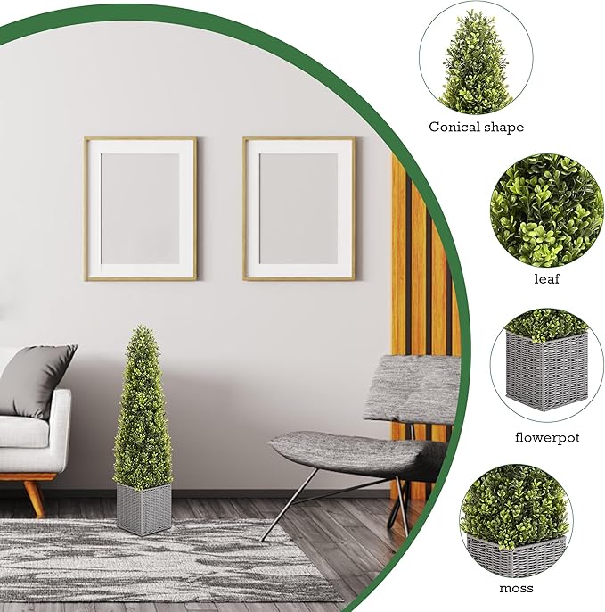 48 Inch Artificial Boxwood Outdoor Topiary Tree Set of 2, 4FT Potted Boxwood Tree Cone Topiary Artificial Plant Shrub for Front Porch Home Office Decor…-VerdiqueGarden