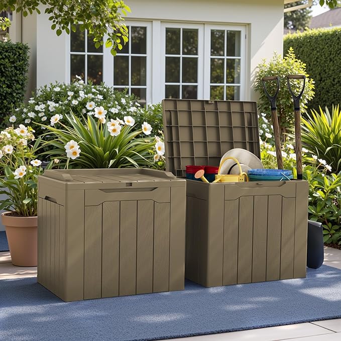 Greesum 31 Gallon Deck Box for Outside, All Weather Outdoor Storage Boxes for Patio Furniture Set, Package Delivery Box, Garden Tools, Light Coffee(Set of 2)-VerdiqueGarden