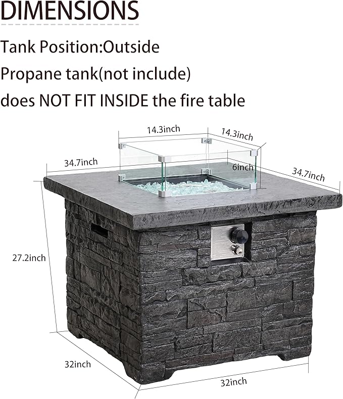 32" Outdoor Propane Fire Pit Table, Stone Fire Table Square Firepit w Glass Wind Guard(50,000 BTU), 2 Piece Slate Gas Fire Table in Deep Grey w Fire Glass, Rain Cover for Outside, Backyard-VerdiqueGarden