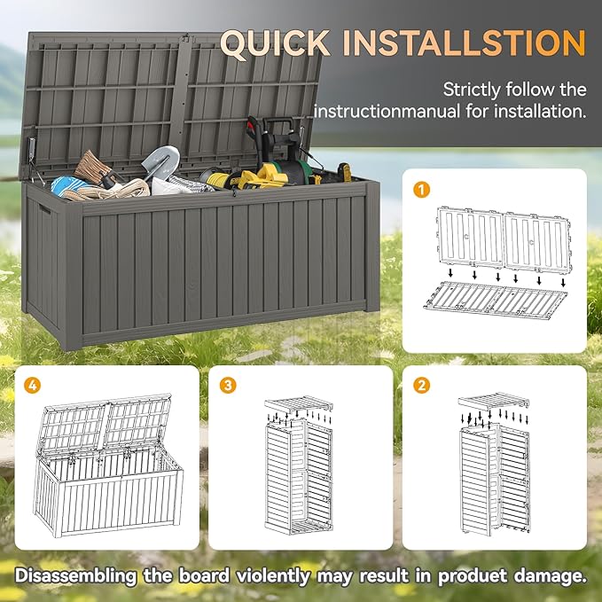 NUNU LAB 150 Gallon Outdoor Storage Box,Resin Large Sturdy Deck Box, Backyard Outside Storage Box Waterproof with Double Wall Panels,Package Delivery,Garden Outdoor Hose Bin-VerdiqueGarden