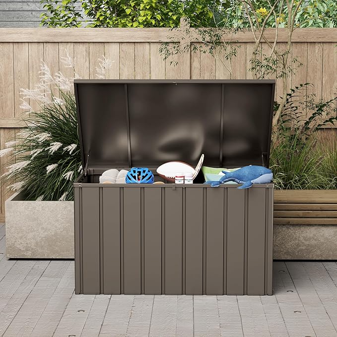 Domi Deck Box 160 Gallon, Waterproof Lockable Steel Outdoor Storage Container for Outside Cushions, Garden Tools and Pools Equipment, Brown-VerdiqueGarden
