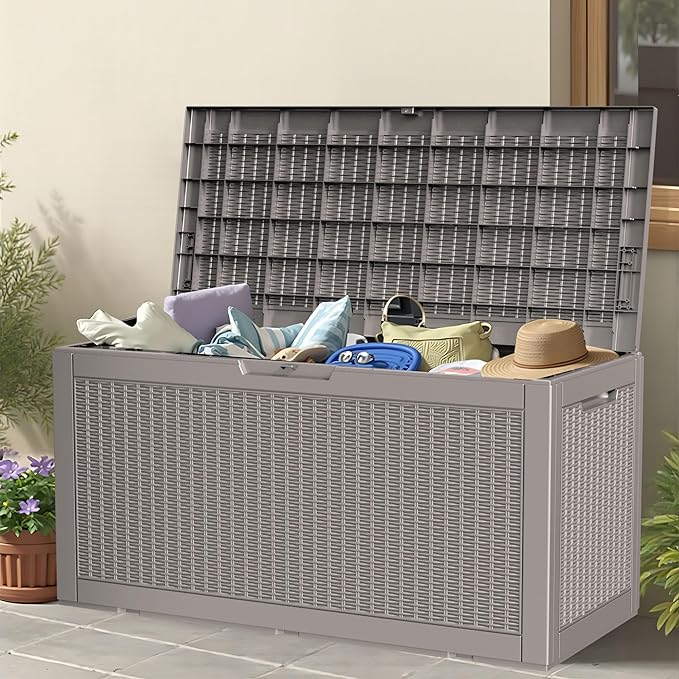 100 Gallon Storage Box, Waterproof Resin Deck Box with Hydraulic Piston Design, Lockable Storage Bench for Package Delivery, Storage Bin for Patio Cushions, Garden Tools, Grey-VerdiqueGarden