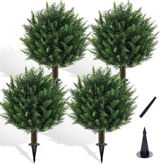 21" Artificial Cypress Topiary Outdoor Plants with Spike, 4 Pack Faux Cedar Bushes UV Resistant Fake Shrubs for Front Porch Décor-VerdiqueGarden