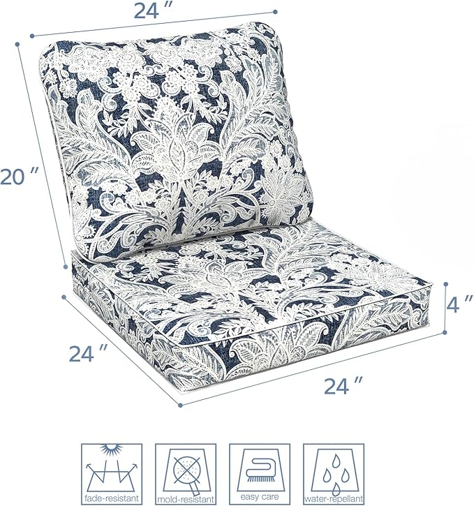 LVTXIII Outdoor/Indoor Deep Seat Cushion Patio Seat and Back Cushion Set All-Weather Replacement Chair Cushion for,Wicker Chairs and Garden Furniture Decoration, 24"x24"x4", Damask Lapis-VerdiqueGarden