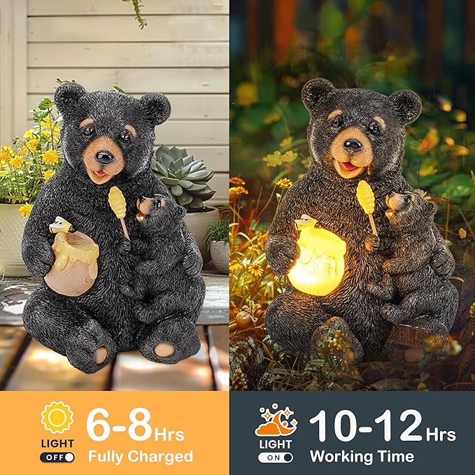 GIGALUMI Solar Garden Statues Loving Bear Figurine Lights for Outside, Yard Decorations Outdoor, Garden Decor Unique Birthday Housewarming Gifts for Mom, Women, Black-VerdiqueGarden