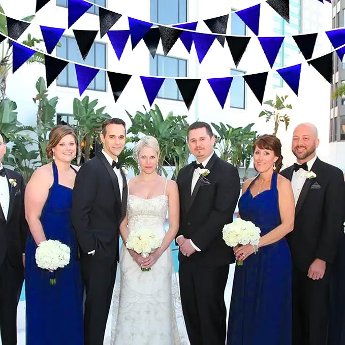 Royal Blue Black Party Decorations Navy Black Metallic Fabric Triangle Pennant Banner Flag Bunting Garland for Graduations Birthday Retirement Wedding Bachelorette Nautical Outdoor Party Supplies-VerdiqueGarden