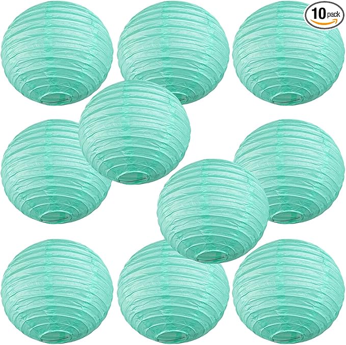 WYZworks - Round Paper Lanterns 10 Pack (Aquamarie, 16") - Hanging Paper Lanterns Lamp for Wedding, Birthday, Party and Home Decorations with 8", 10", 12", 14", 16" Option-VerdiqueGarden