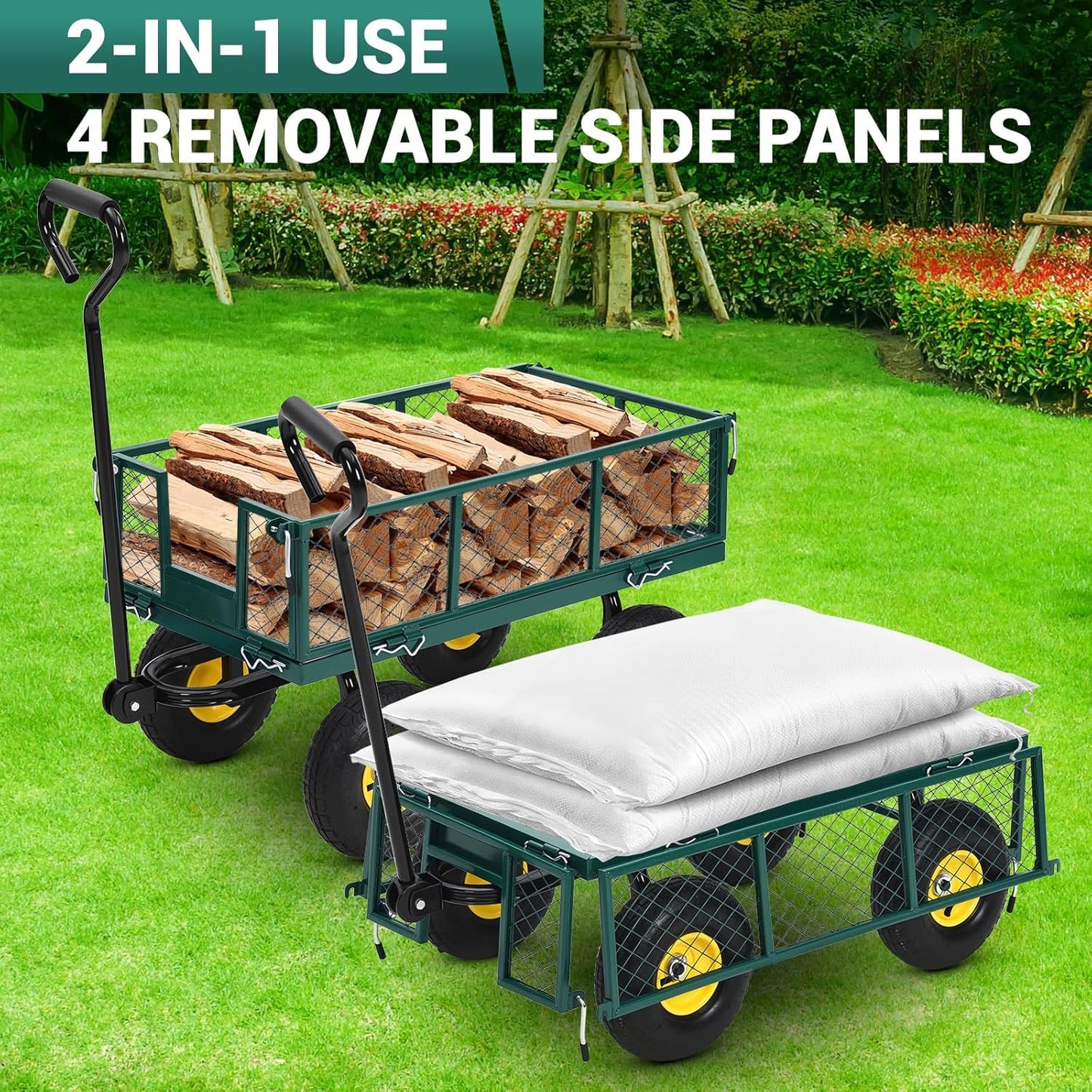 Steel Garden Cart on Wheels, 880LBS Pullable Metal Garden Wagon, 180° Rotating Handle and Removable Sides for Outdoor, Farm, Yard, Beach-VerdiqueGarden