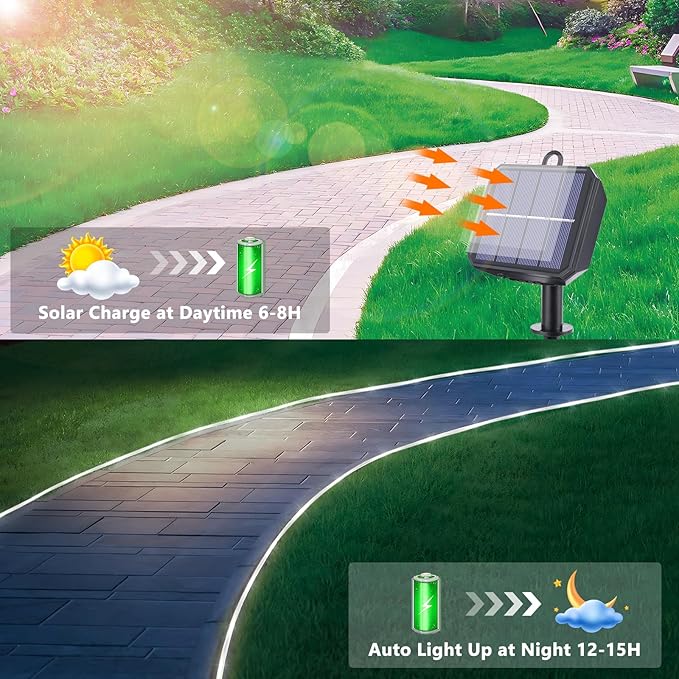 Solar Rope Lights, 2 Packs 66ft 200LED Solar String Lights, 8 Modes Waterproof Solar Powered Outdoor Lights, Flexible Clear Tube Light for Garden, Backyard, Patio, Deck, Porch, Pool,Tree Decor -White-VerdiqueGarden