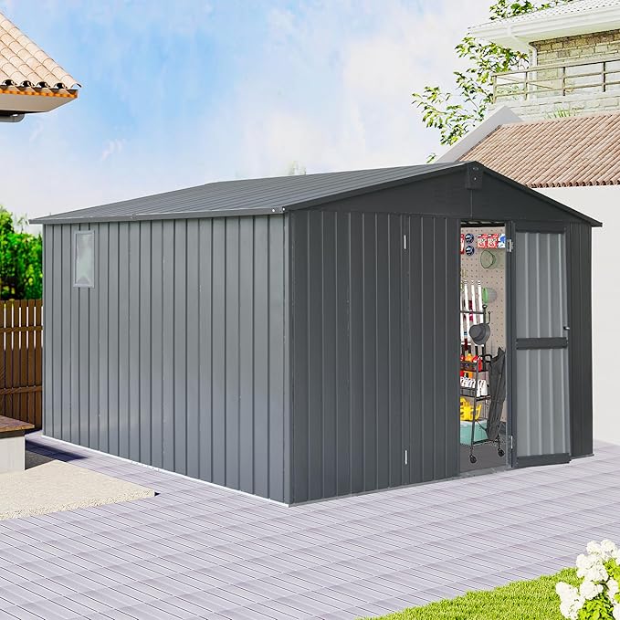 Domi Outdoor Storage Shed 11’ x 9’, Metal Sheds with Galvanized Steel Frame & Windows & Lockable Door, Garden Shed Tool Storage Room for Patio, Grey-VerdiqueGarden